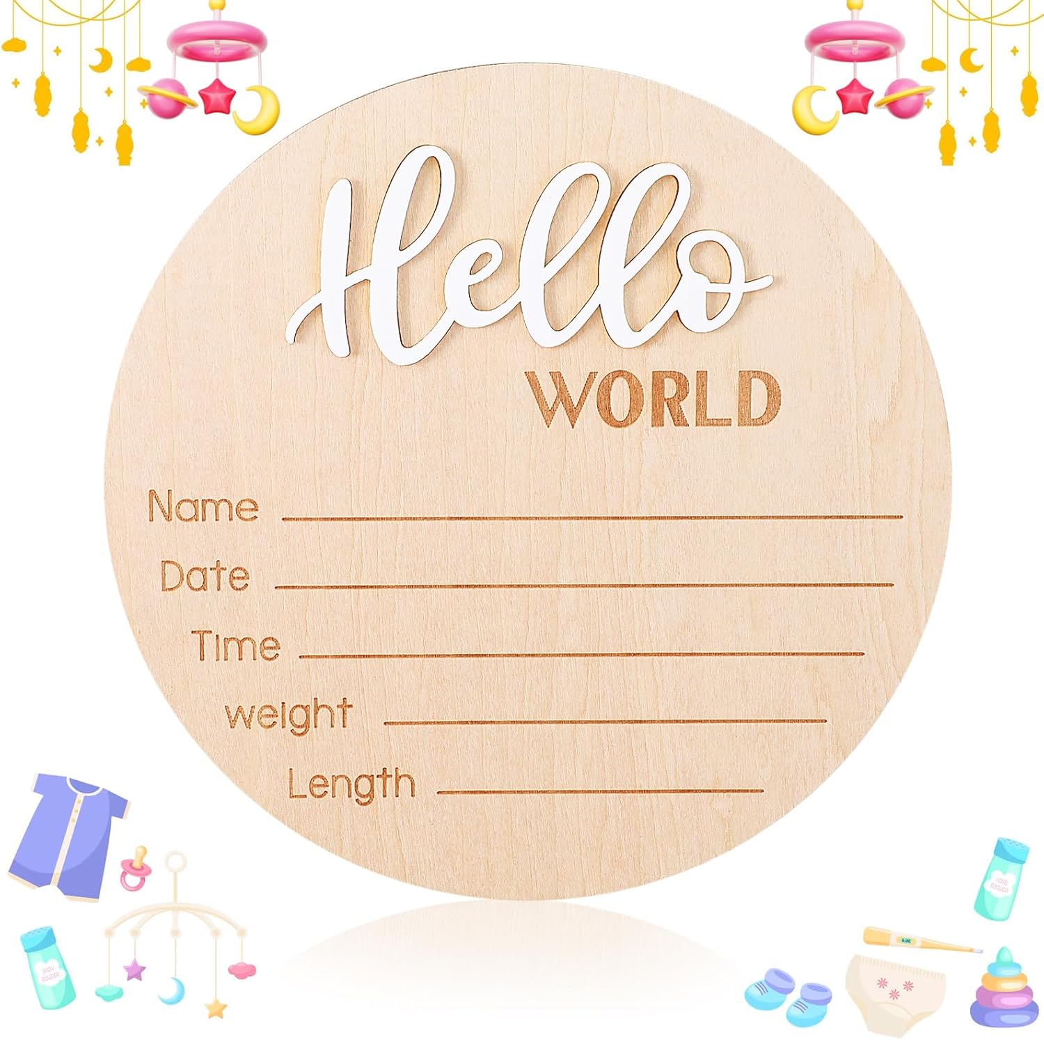 Baby Announcement Sign, 5.8 Inch Wooden Hello World Sign