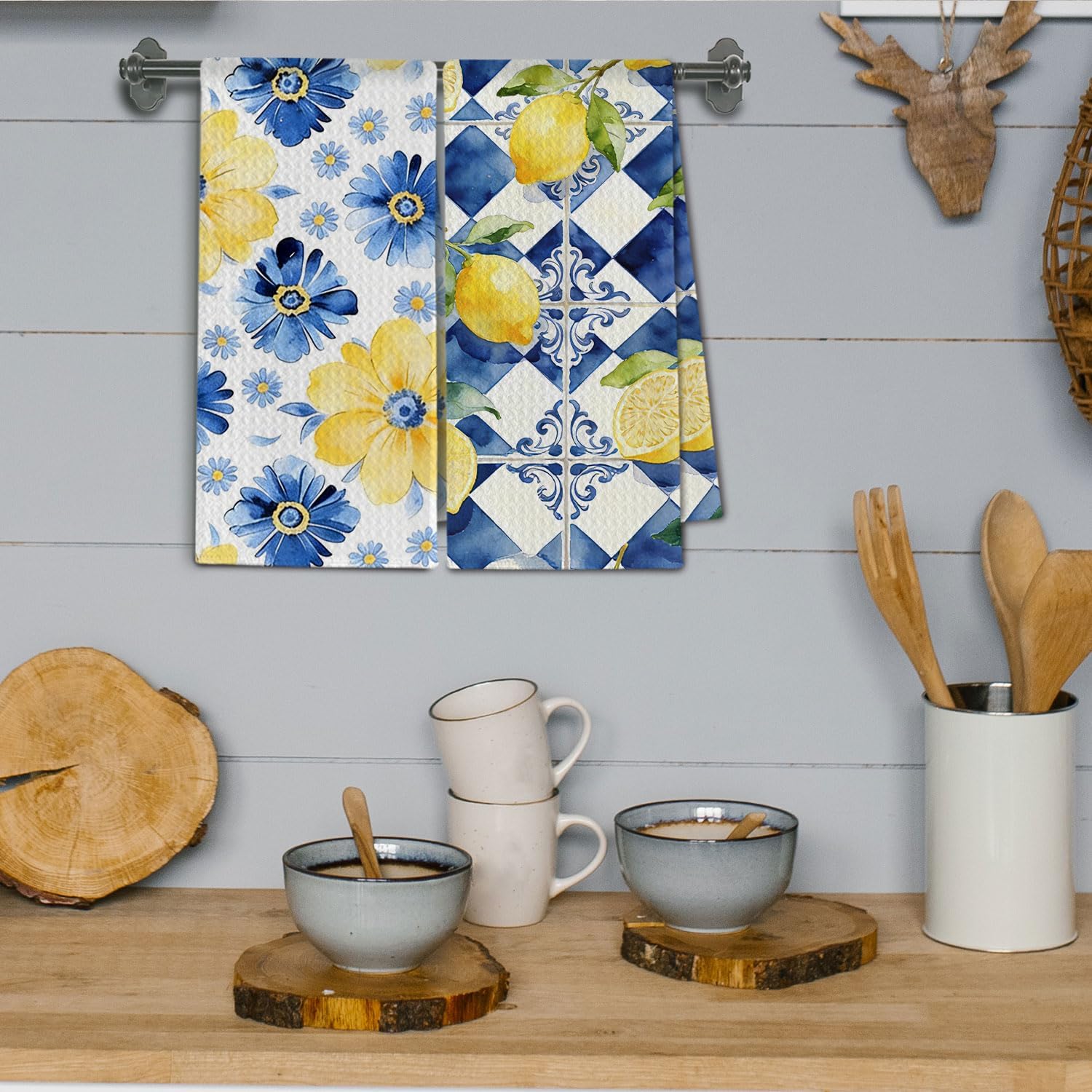 Blue and Yellow Lemon Floral Kitchen Towels, Italian Mediterranean Dish Towels Drying Cloth for Kitchen, Vibrant Flower Lemon Decorative Hand Towel for Bathroom, 16x24 Inch Set of 4