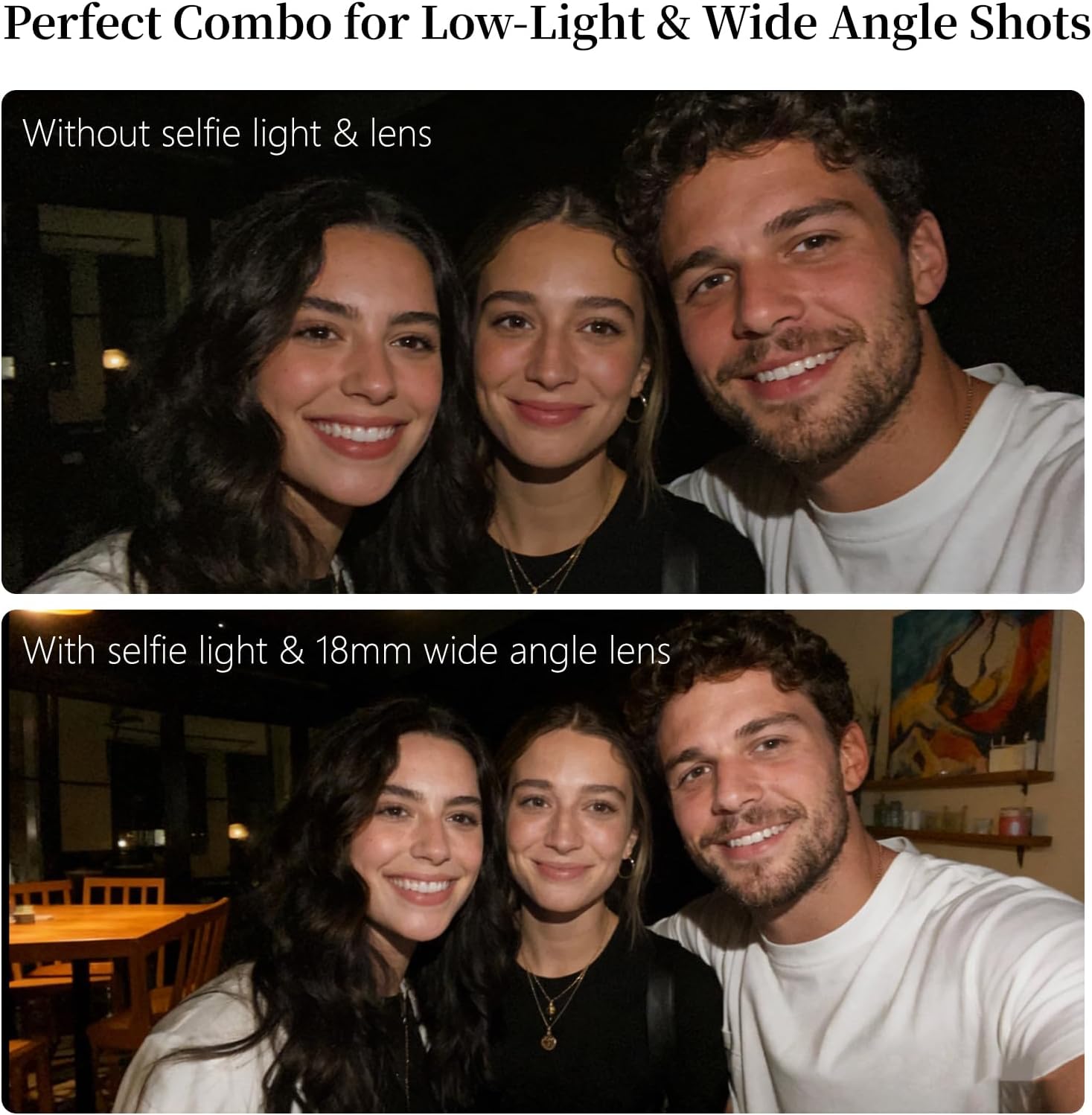 18mm Wide Angle Lens with Magnetic Selfie Light for iPhone Samsung and Android Smartphone, Includes 17mm Thread Universal Phone Lens Clip and Black Portable Bag