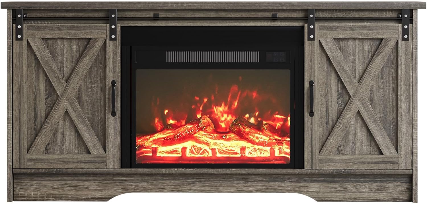 4 EVER WINNER Entertainment Center with Fireplace for 65" TV, Sliding Barn Door, Farmhouse Fireplace TV Stand with Adjustable Storage Cabinets, TV Console Table for Living Room, Wash Grey