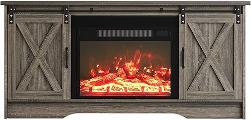 Miniatura 6 de 4 EVER WINNER Centro de entretenimiento con chimenea para TV de 65 pulgadas, puerta corrediza de granero, soporte de TV con chimenea de granja con