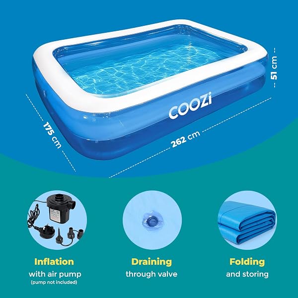 COOZi Paddling Pool – 2.6M Large Inflatable Pool for Kids, Toddlers & Adults, Durable Outdoor Swimming Pools with Self-Adhesive Repair Patch, Rectangle Pools for Summer Fun - 3