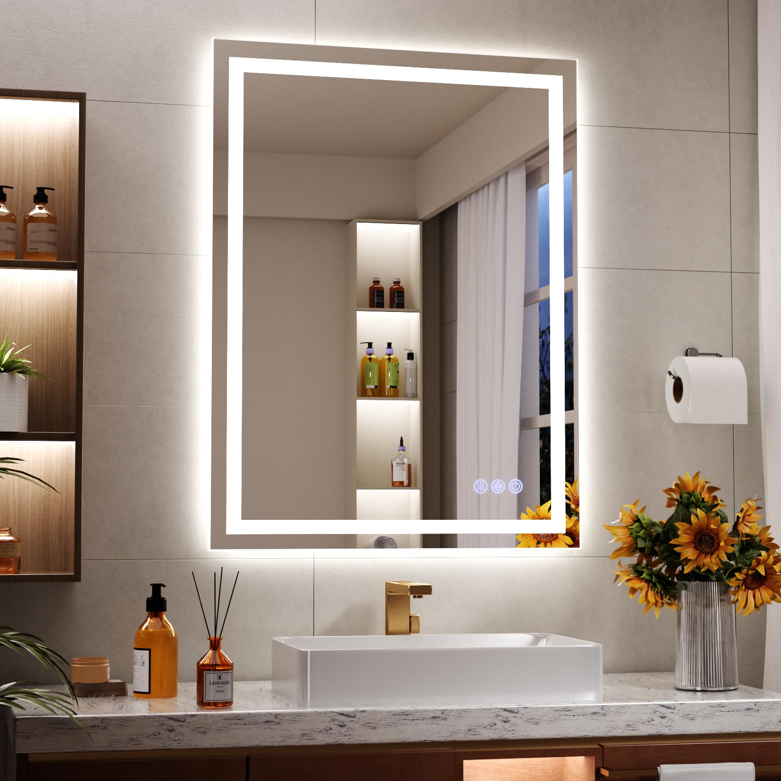 Koonmi White 80X60cm Led Bathroom Mirror, 3 Adjustable Lighting Modes Lighted Smart Vanity Mirror With Front And Backlight, Anti-Fog, Memory Function, Tempered Glass, Mounted Horizontally Vertically