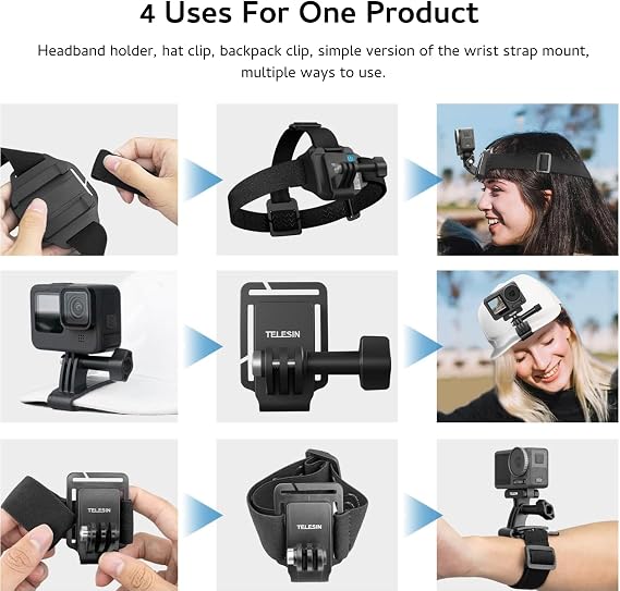 Adaptom TELESIN Head Belt Mount with Cover Clip, Quick Release Head Belt Mount GoPro Hero 12/11/10/9/8/7/6/5, Compatible with Fusion, Max, DJI OSMO and Most Action Cameras