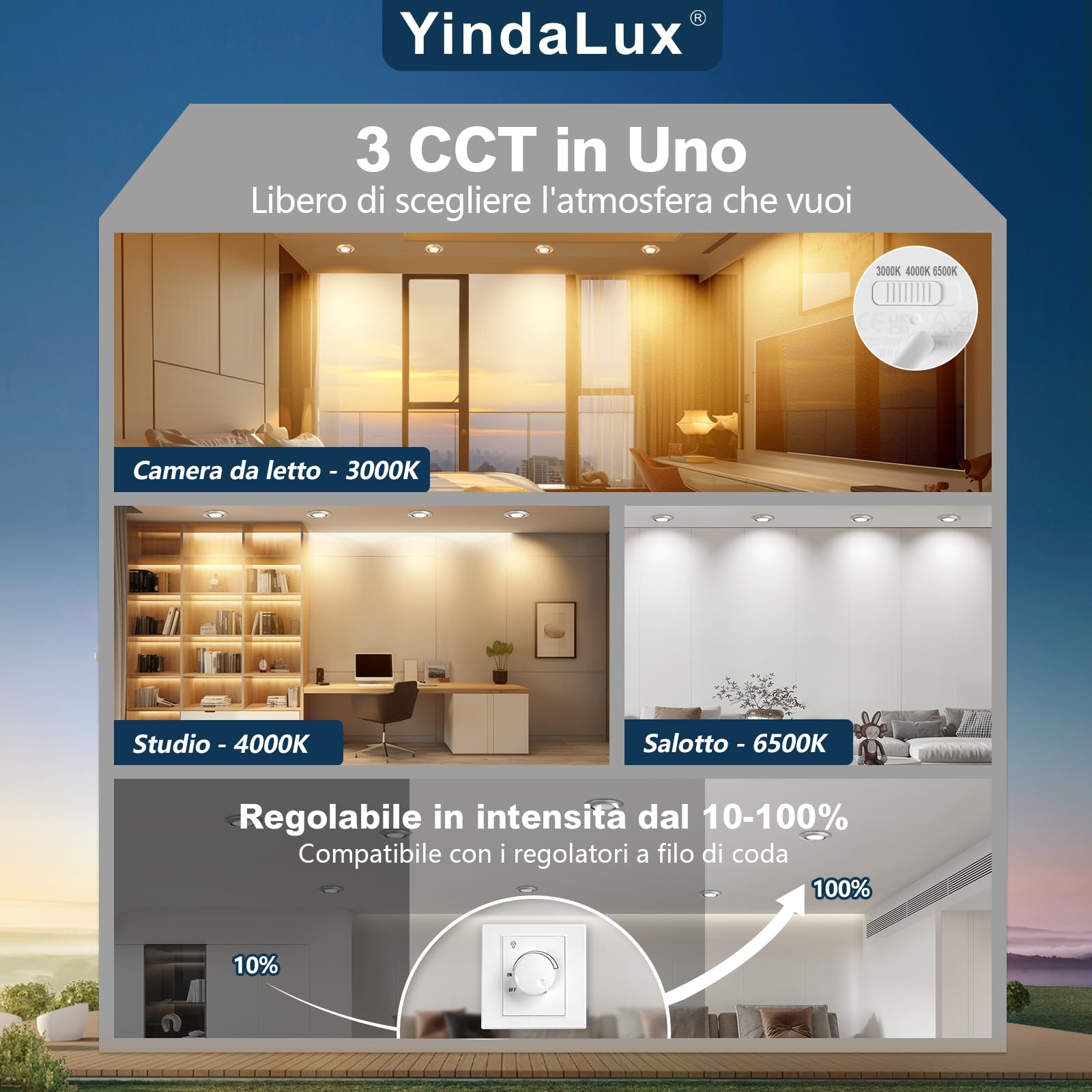 YindaLux 10x Modulo LED 3CCT 230V - 4,9W 500LM 38° Angolo di Fascio per Faretti da Incasso - 3000K/4000K/6000K Dimmerabile - Sostituisce la Lampadina GU10 MR16 - Impermeabile IP44