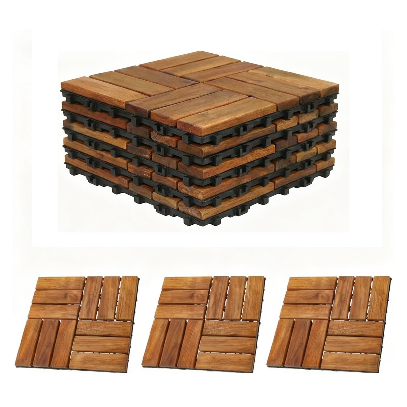 Wooden Interlocking Flooring Tiles (Pack of 10), Solid Hardwood Wood Flooring Straight Pattern Patio Deck Tiles, 30 * 30 CM for Home Outdoor Indoor Garden Backyard Porch Yard Swimming Pool