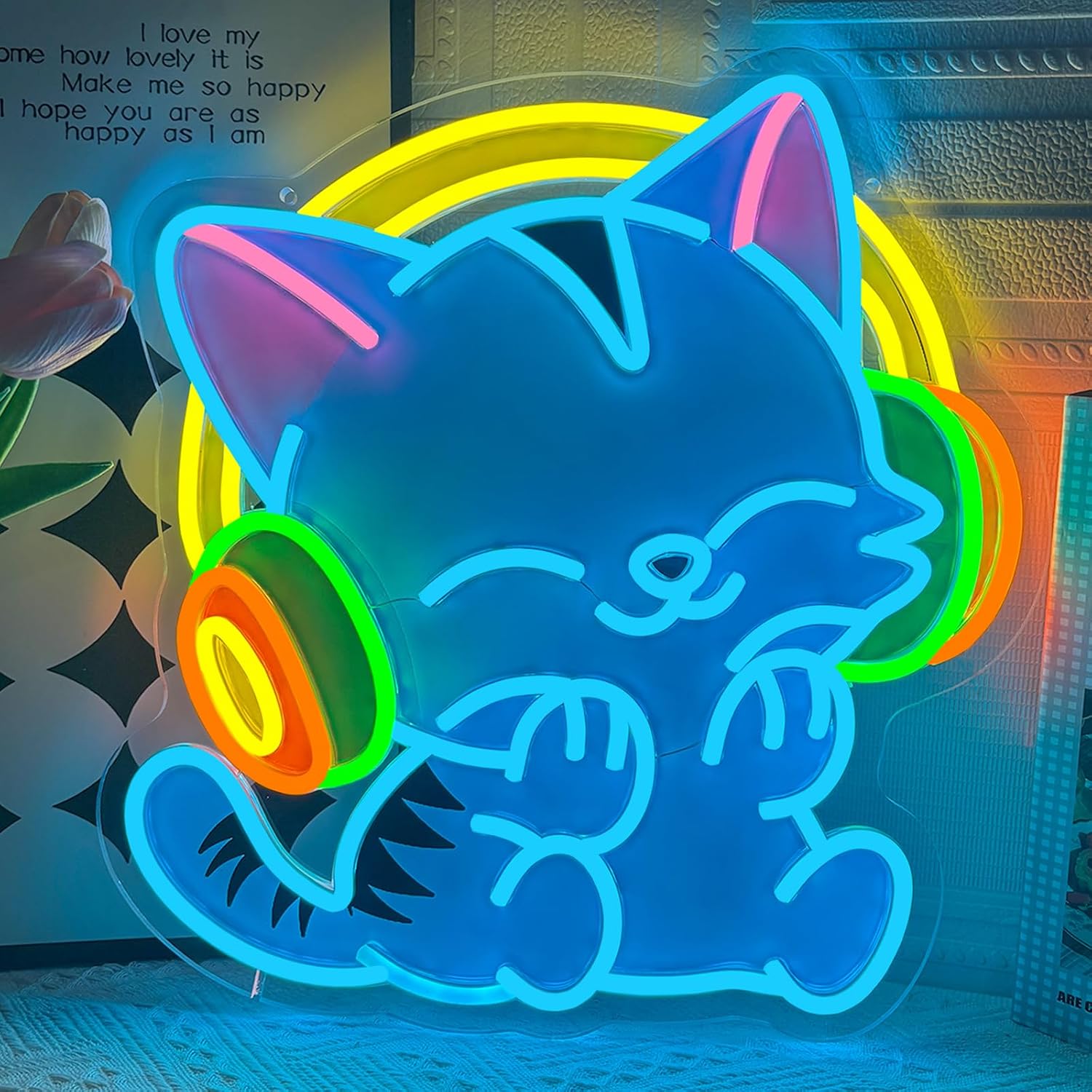 Headphone Cat Neon Sign 13.4x14 Inch UV Printed Musical Blue LED Cat Neon Light for Wall Decor, Dimmable USB Powered Cute Cat Light Up Sign for Bedroom Pet Shop Party Bar Teen Game Room, Gift for Cat Lovers