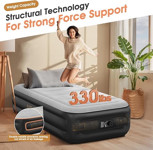 Miniatura 7 de Colchón de aire tamaño individual con bomba integrada, colchón inflable de 18 pulgadas, autoinfladodesinflado de 2 minutos, colchón inflable
