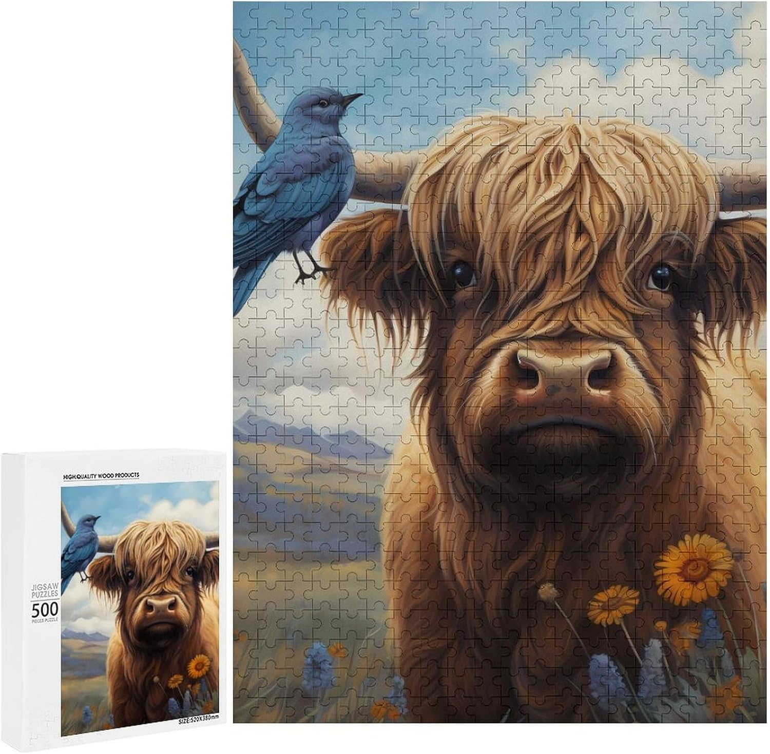 Highland Cow Blue Jay Bird Funny Wooden Jigsaw Puzzle Vertical Picture Puzzles Gifts for Women Men 300/500/1000 Pieces