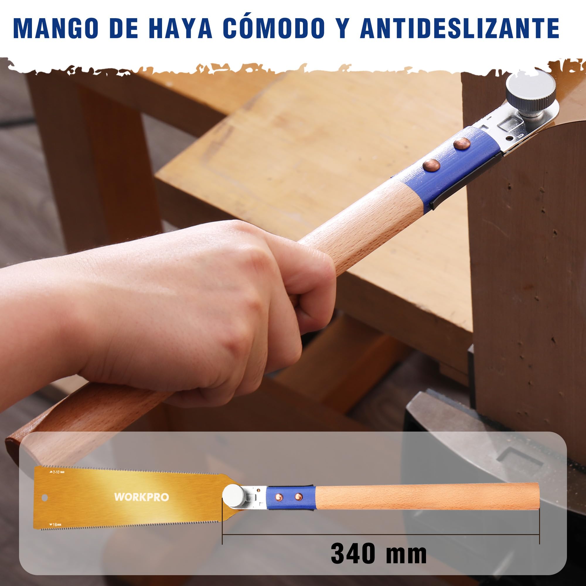 WORKPRO Sierra Japonesa de 250 mm, Sierra de Doble Filo 18TPI/7-10TPI, Hoja SK5 Flexible y Reemplazable, Sierra Madera con Mango Ergonómico de Haya, Perfecta para Carpintería y Trabajos de Madera