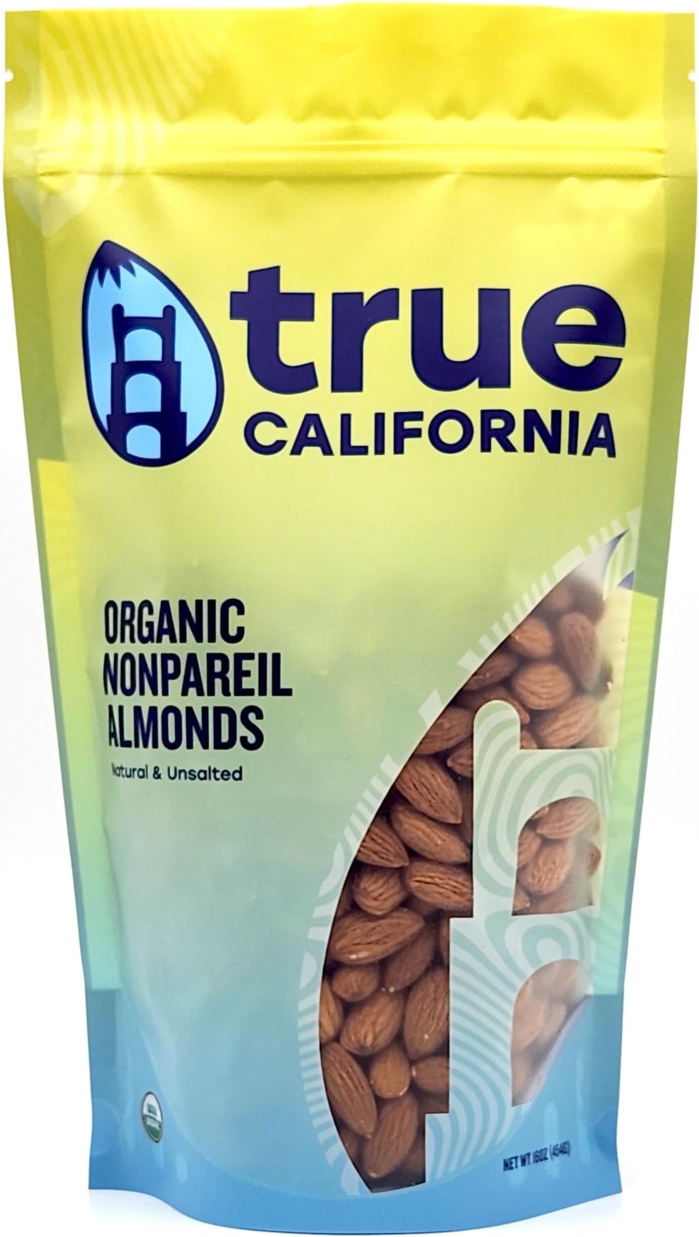 True California Organic Nonpareil Whole Almonds (1 LB) Natural & Unsalted, Raw, Not Roasted, Shelled, Vegan & Gluten-Free
