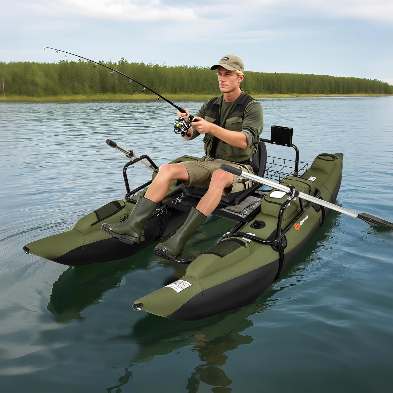 Goplus Inflatable Fishing Float Tube, Pontoon Boat w/Foldable Padded Seat, Adjustable Footrest, Pump, Paddles, Fish Ruler, Storage Basket,Pockets, 400 LBS Load Capacity Adult Belly Boat for Angling