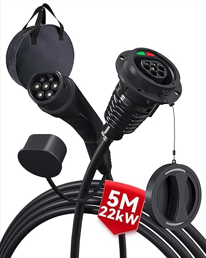 Cable Alargador de Carga para Coche eléctrico Tipo 2 22KW |32A Trifásico| 5M Extensión Cable Tipo 2 Carga Flexible para Vehículo Eléctrico IEC62196 - con Bolsa