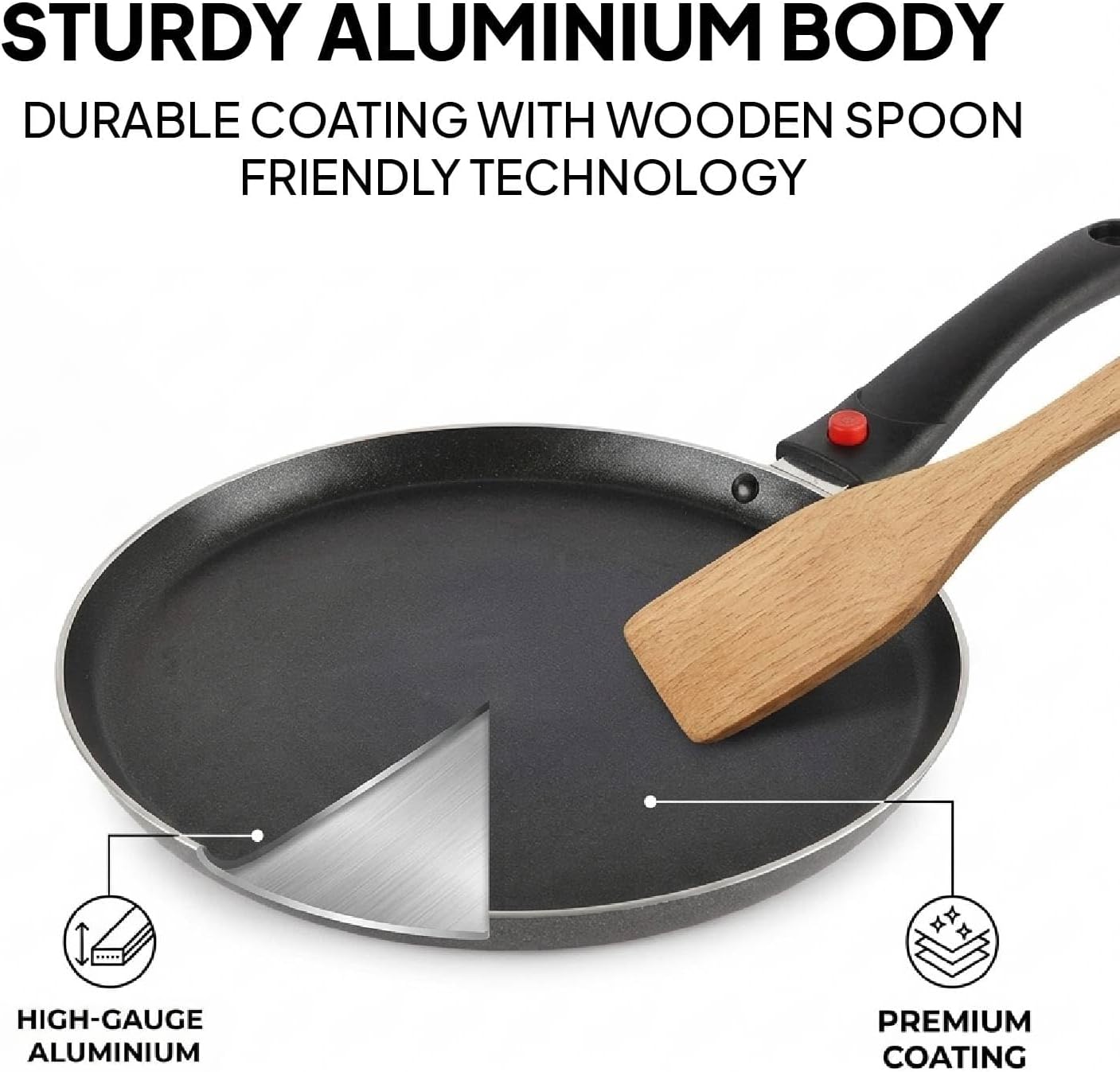 Aluminium Non-Stick Induction Base Dosa Tawa with Detachable Bakelite Handle 26 CM Black | Heavy Base, PFOA Free & Dishwasher Safe, Gas Stove & Induction Compatible | Perfect For Roti Dosa Chila