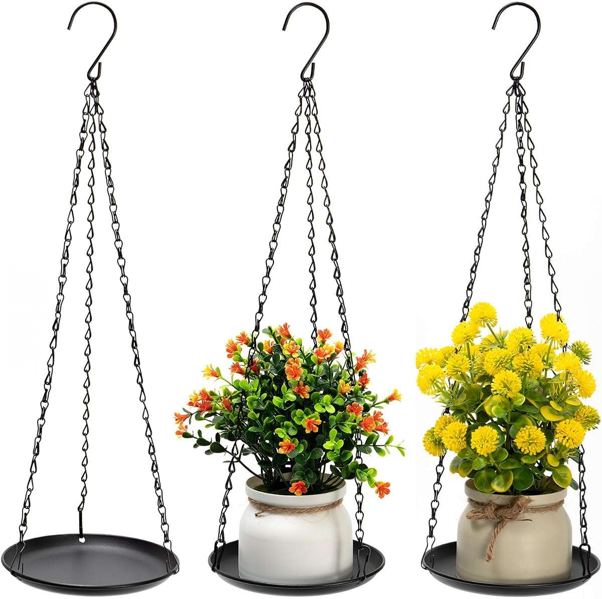 Hanging Planter for Indoor Outdoor Plant, Plant Hanger, Plant Hanging Tray | Black, Plant Holder with Chains for Succulents, Pothos, Herbs, Balcony, Patio, Modern Boho, Wall, Ceiling, Window, 3-Pack