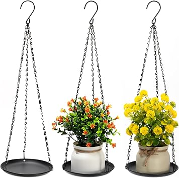 Heavy Duty Metal Hanging Planters for Indoor Plants - Black Plant Hanger with Sturdy Tray & Chains, Modern Boho Wall/Ceiling/Window Mounted Plant Basket 3/S, Three Chains Three Little Trays