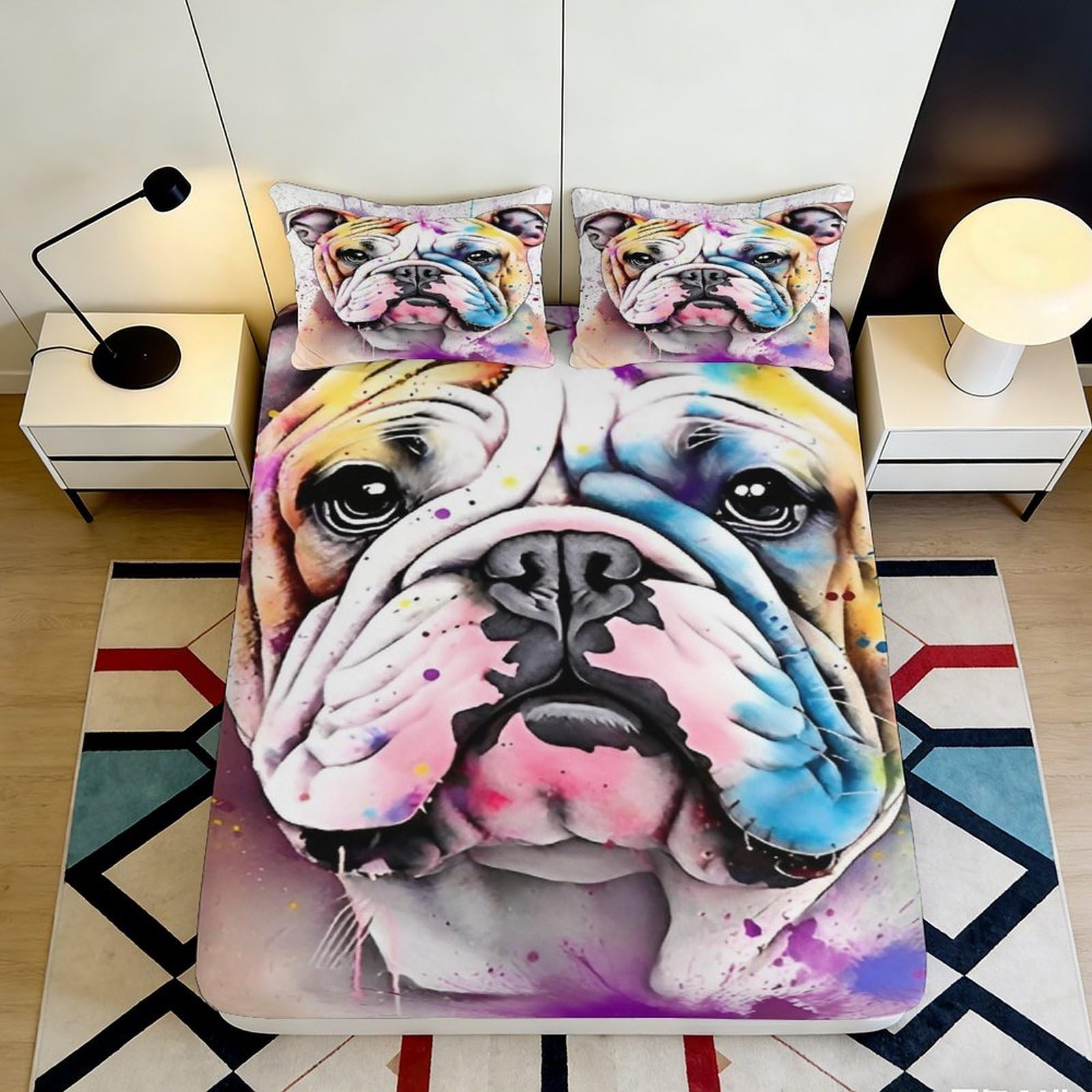 3D Printed Colorful Bulldog Fitted Sheet Microfiber Soft Breathable Artistic Dog Bed Cover for Bedroom Guest Room Decor 90x200x25cm