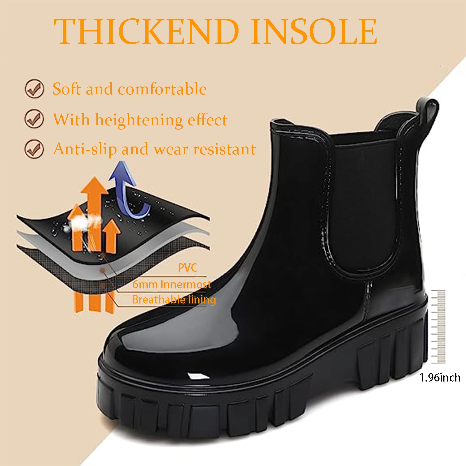 Crepuscute Botas de lluvia impermeables con plataforma alta para mujer, cómodas, ligeras, impermeables, botas de jardín de goma, botas de lluvia Chelsea al tobillo, lindas plantillas suaves, botas de
