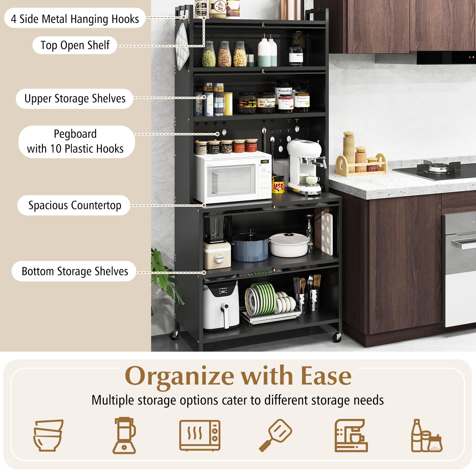 FANTASK Küchenschrank, Küchenregal auf Rollen mit Arbeitsplatte, Lochwand, Haken, transparenten Türen, Buffetschrank für Mikrowelle, Hochschrank für Küche, Esszimmer (Schwarz, 80 x 40 x 178 cm)