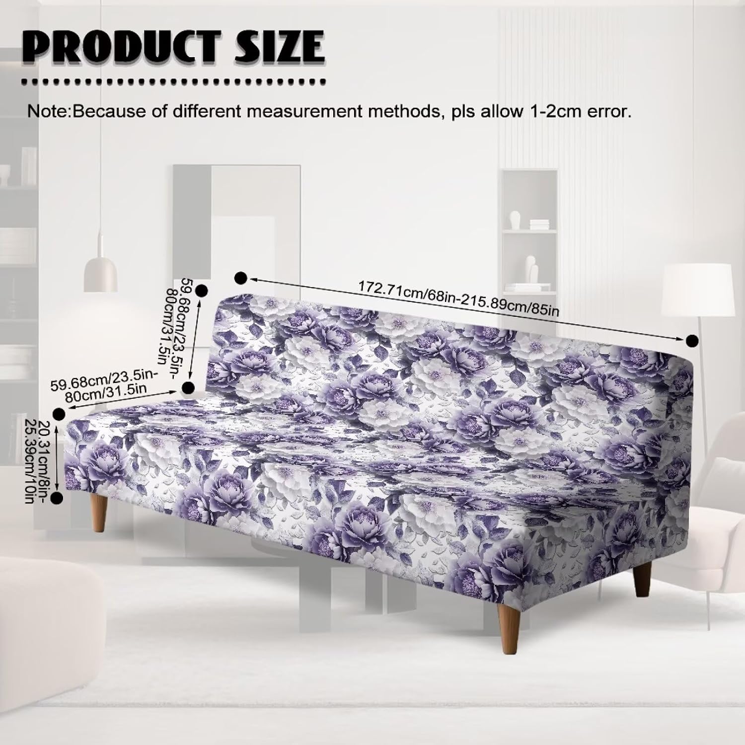 Armless Sofa Cover Futon Slipcover Stretch Elastic Folding Couch Bed Covers Non-Armrest Couch Furniture Protector Printed Washable Sofa Cover Without Armrests,Purple White Flower