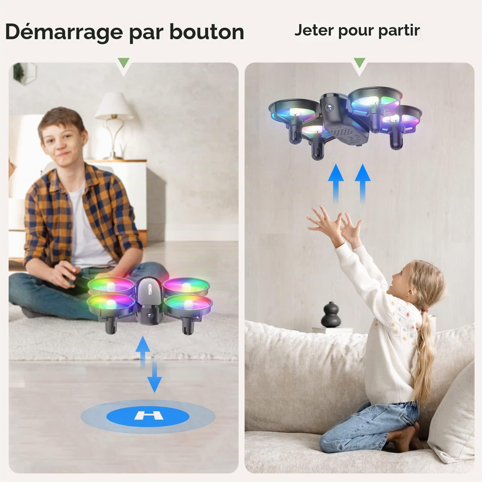Tomzon A23W Mini Drone Enfant avec Caméra 1080P à LED Lumière Coloré pour Enfant et Débutant, 2 Batteries 15mins Autonomie, Maintien d'Altitude/Mode Sans Tête/3D Flip/Auto-Rotation/Vol-Circulaire Noir