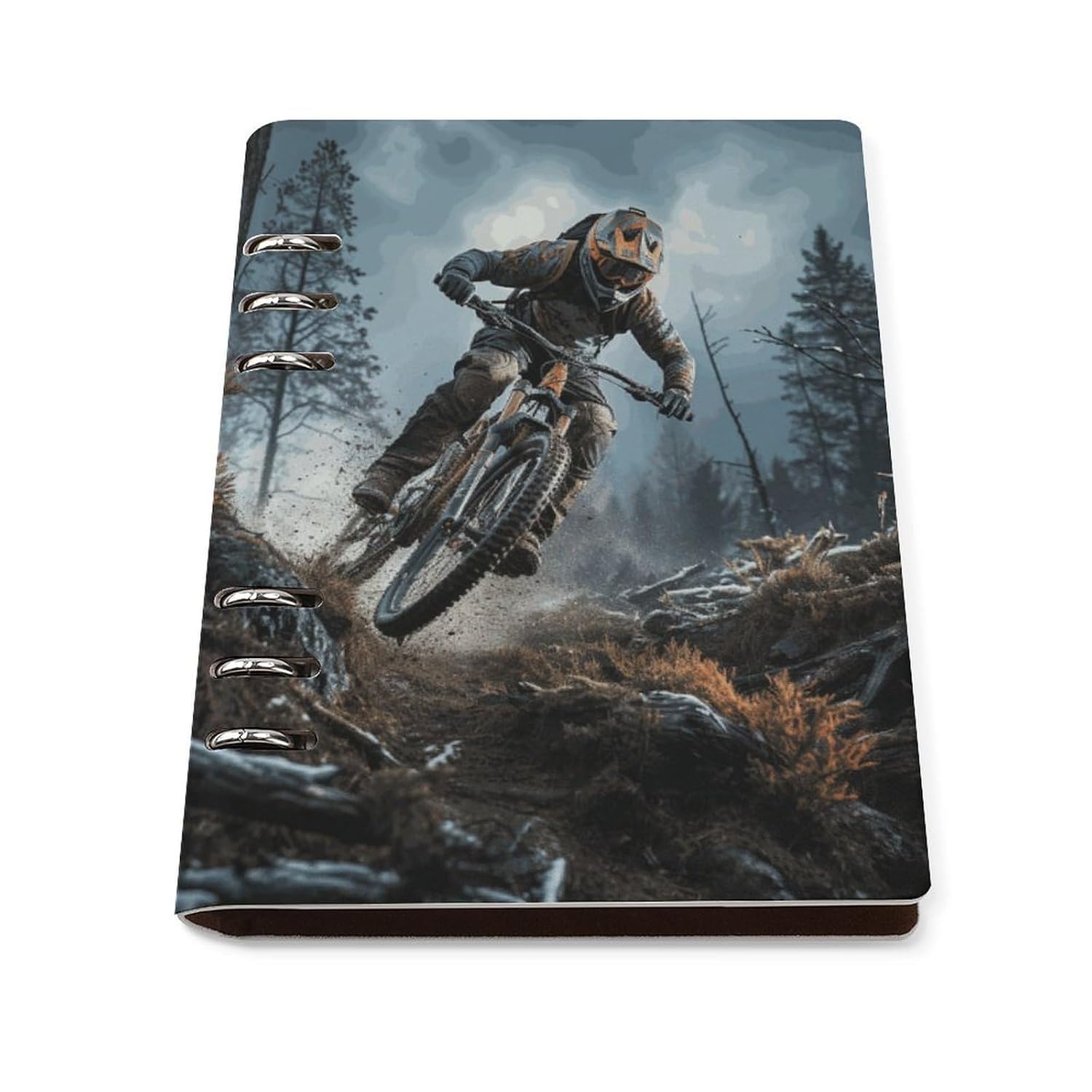 VTCTOASY Mountain Bike Tournament Spiral Notebook 6-Ring A5 Refillable Notebook for Work Loose Leaf Binder Spiral Journal 90 Pages Wide Ruled Disc Planner for Meeting Business Home