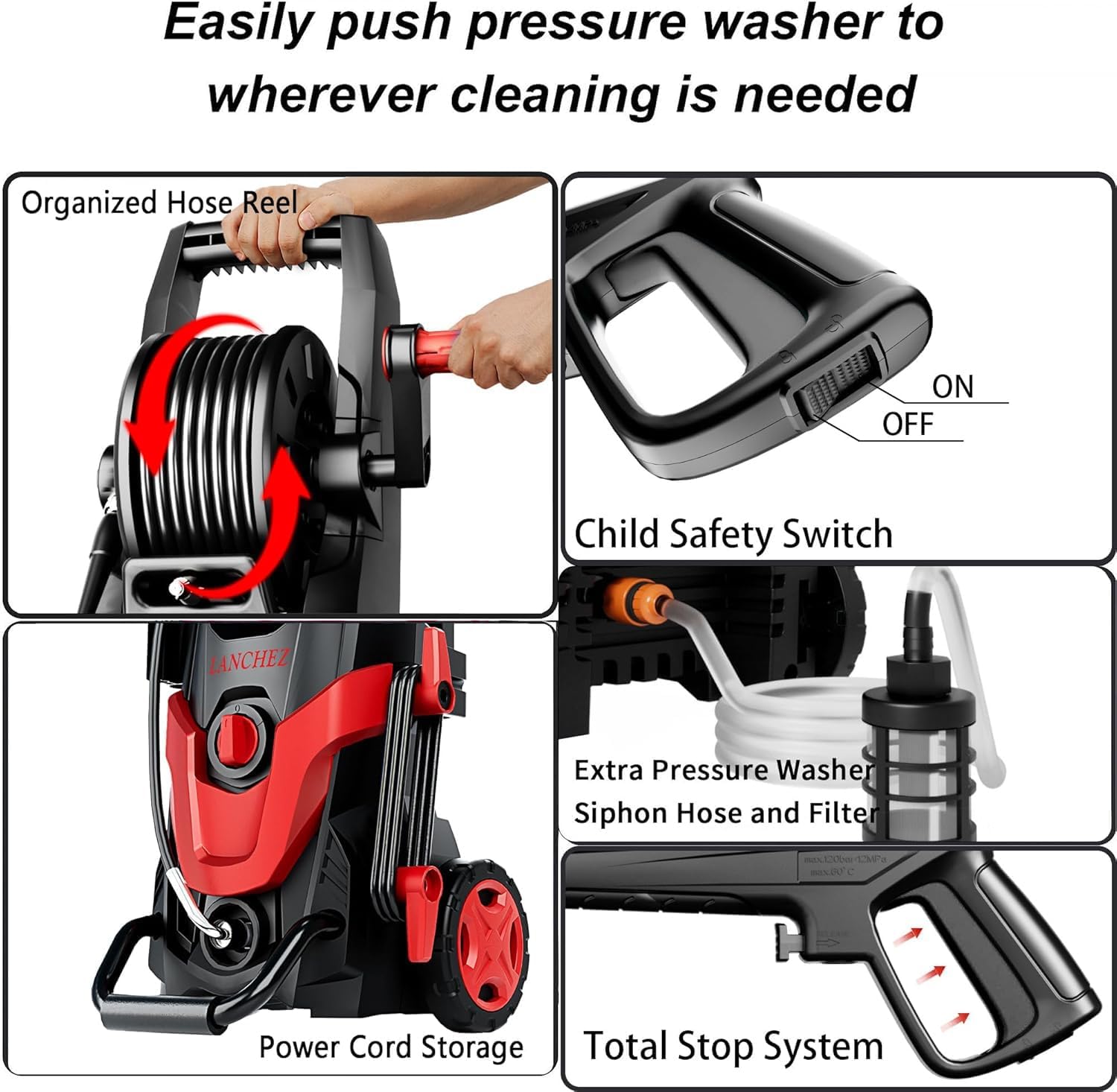 2026 Upgrade Pressure Power Washer 4800PSI w/4 Quick Connect Nozzles, Inlet Hose & Filter&500ML Soap Tank, High Cleaning Machine for Cars/Fences/Driveways/Patios/Home Cleaning,Red