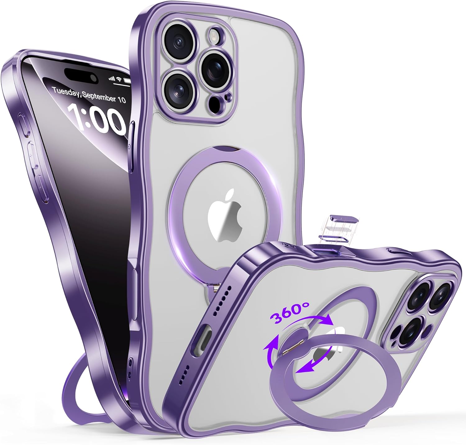 for iPhone 16 Pro Case with 360° Spin Magnetic Stand Ring [Compatible with MagSafe][Military Protection][Camera Control Button]Cute Anti-slip Wave Phone Case for 16 Pro 6.3 Inch, Dark Purple/Clear