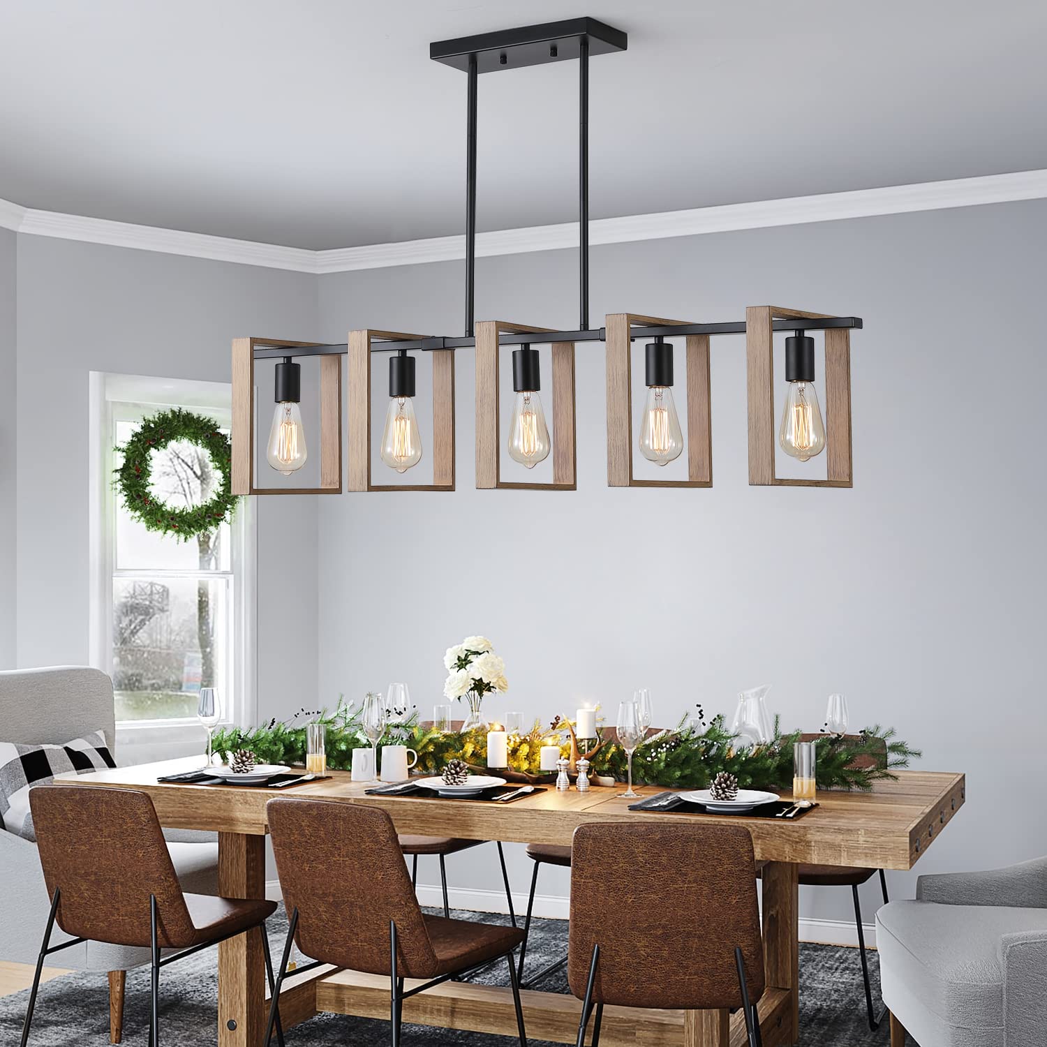 9MMML 41.5" Kitchen Island Lighting,5 Lights Dining Room Light Fixtures, Rustic Farmhouse Height Adjustable Wood Chandeliers for Kitchen, Pool Table Lights, Black Body+Wood Frame,E26.