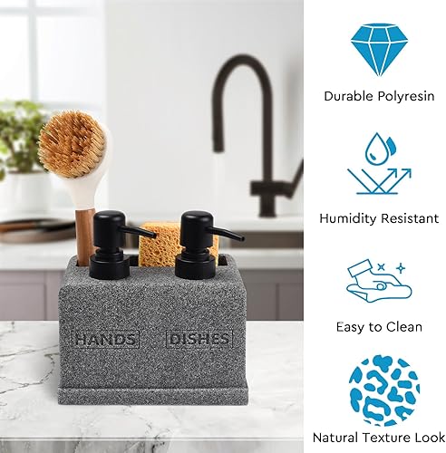 Miniatura 6 de Juego de dispensador de jabón para manos y platos para fregadero de cocina, dispensador de jabón doble con organizador de esponja y soporte para