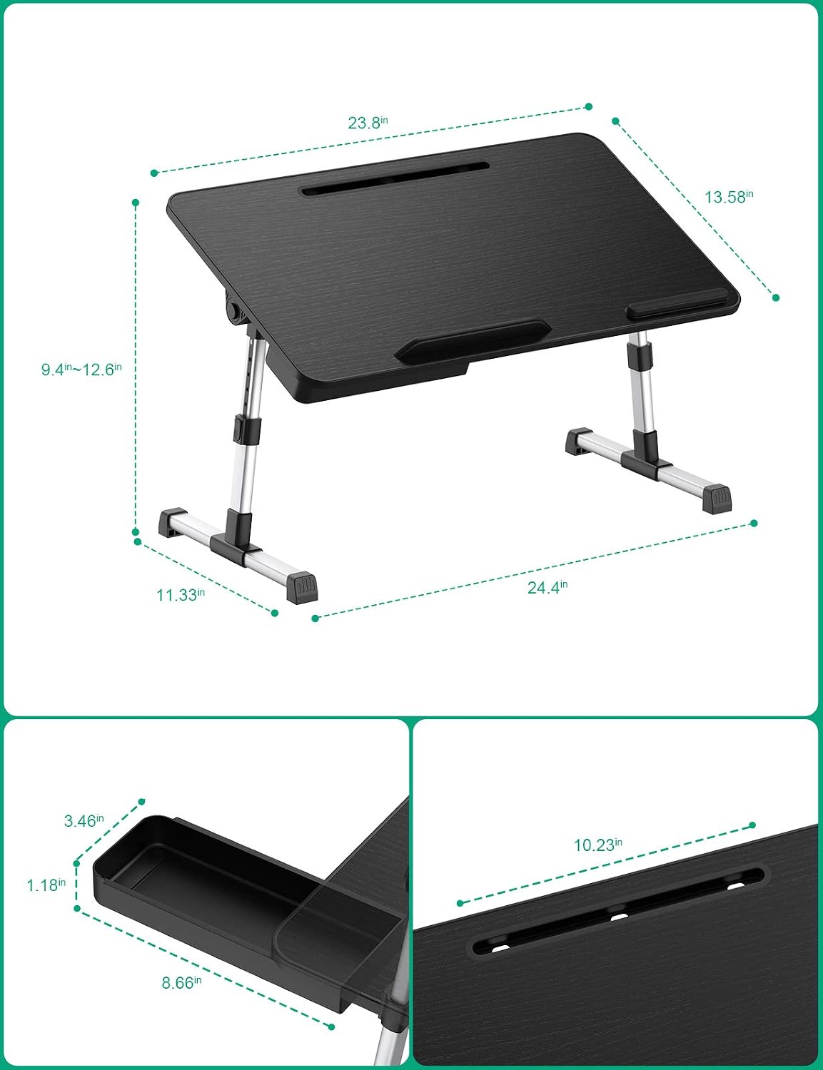 Laptop Bed Tray Table, LEEHEE X-Large Adjustable Computer Laptop Standing Desk with Foldable Legs, Portable Lap Tablet Table with Storage Drawer for Bed Home Office Working Gaming Eating (Black)
