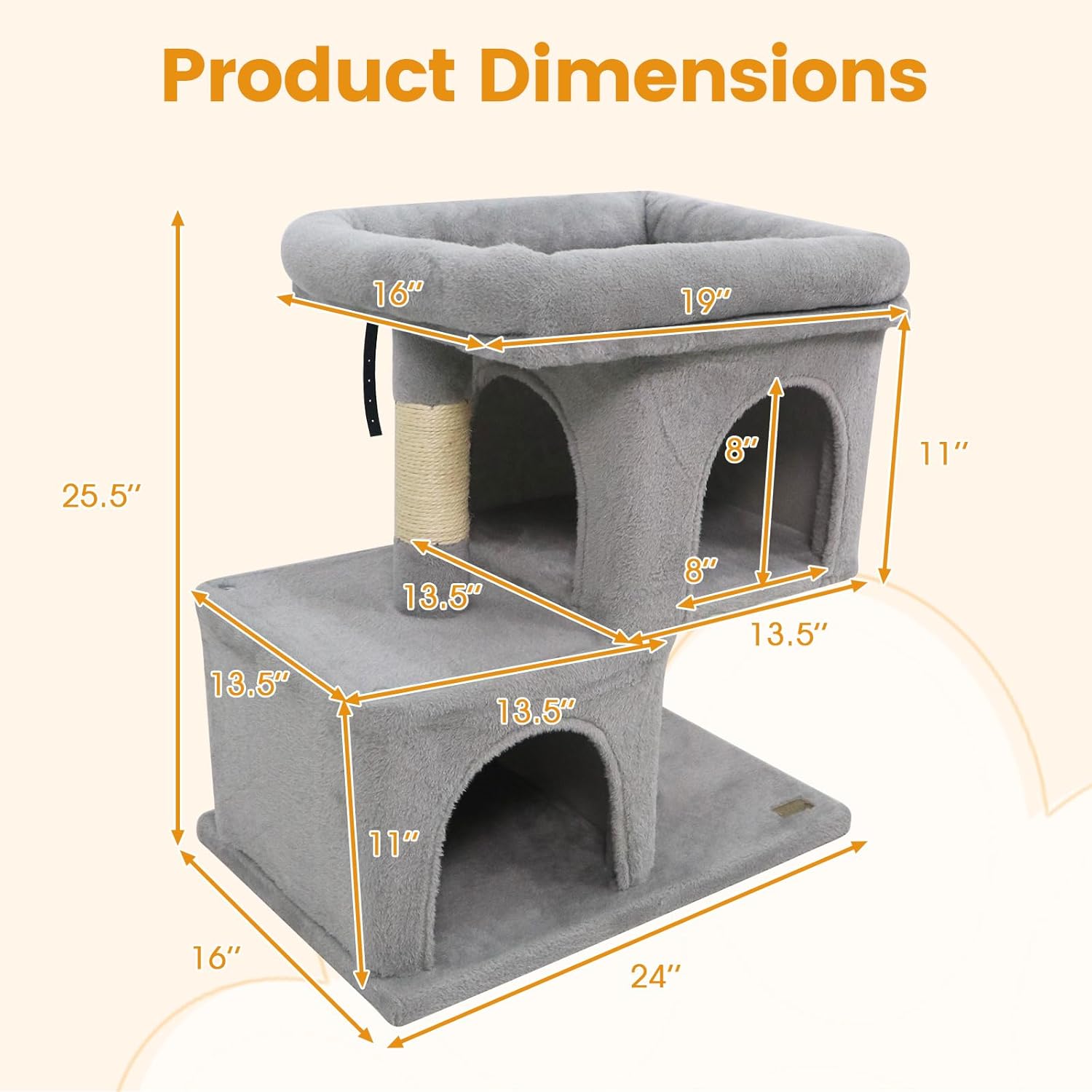 PETSITE 25.5-inch Small Cat Tree, Modern Multi-Level Cat Tower with 2 Comfy Condos, Sisal Scratching Posts, Large Plush Top Perch, and Anti-Tipping Kits, Ideal for Indoor Cats and Kittens (Grey)