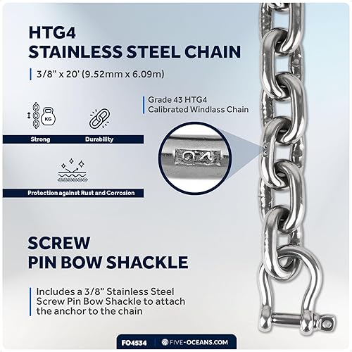 Vista 95 de Five Oceans Windlass Anchor Rode y cadena, cuerda de anclaje empalmada a mano y kit de cadena, cuerda de nailon de 3 hebras, cadena de acero