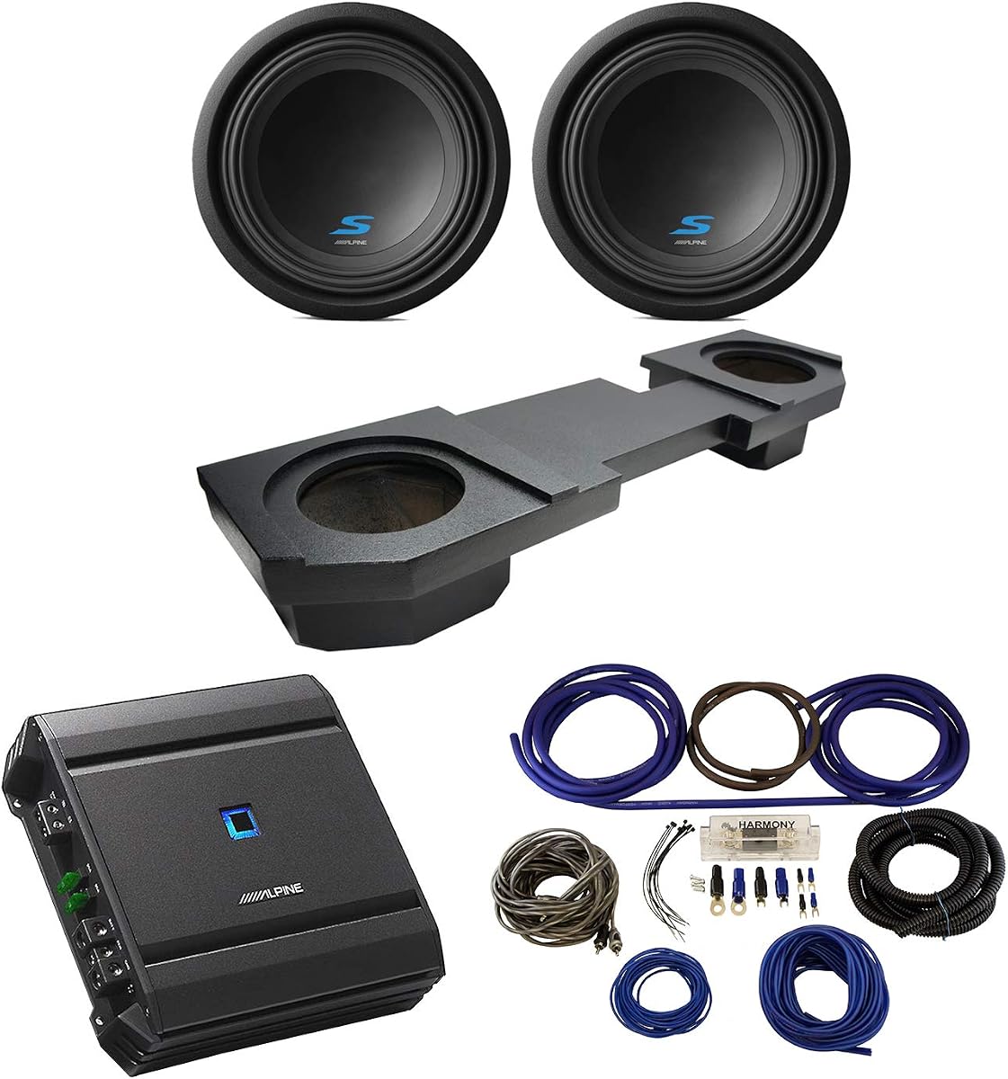 Alpine S-W10D2 Subbox doble Rhino de 10" y amplificador S-A60M para Dodge Ram 02-18 | Paquete de graves completo, potencia mono combinada con cableado, carcasa de subwoofer resistente a la intemperie, perforación profunda y limpia, 10 pulgadas
