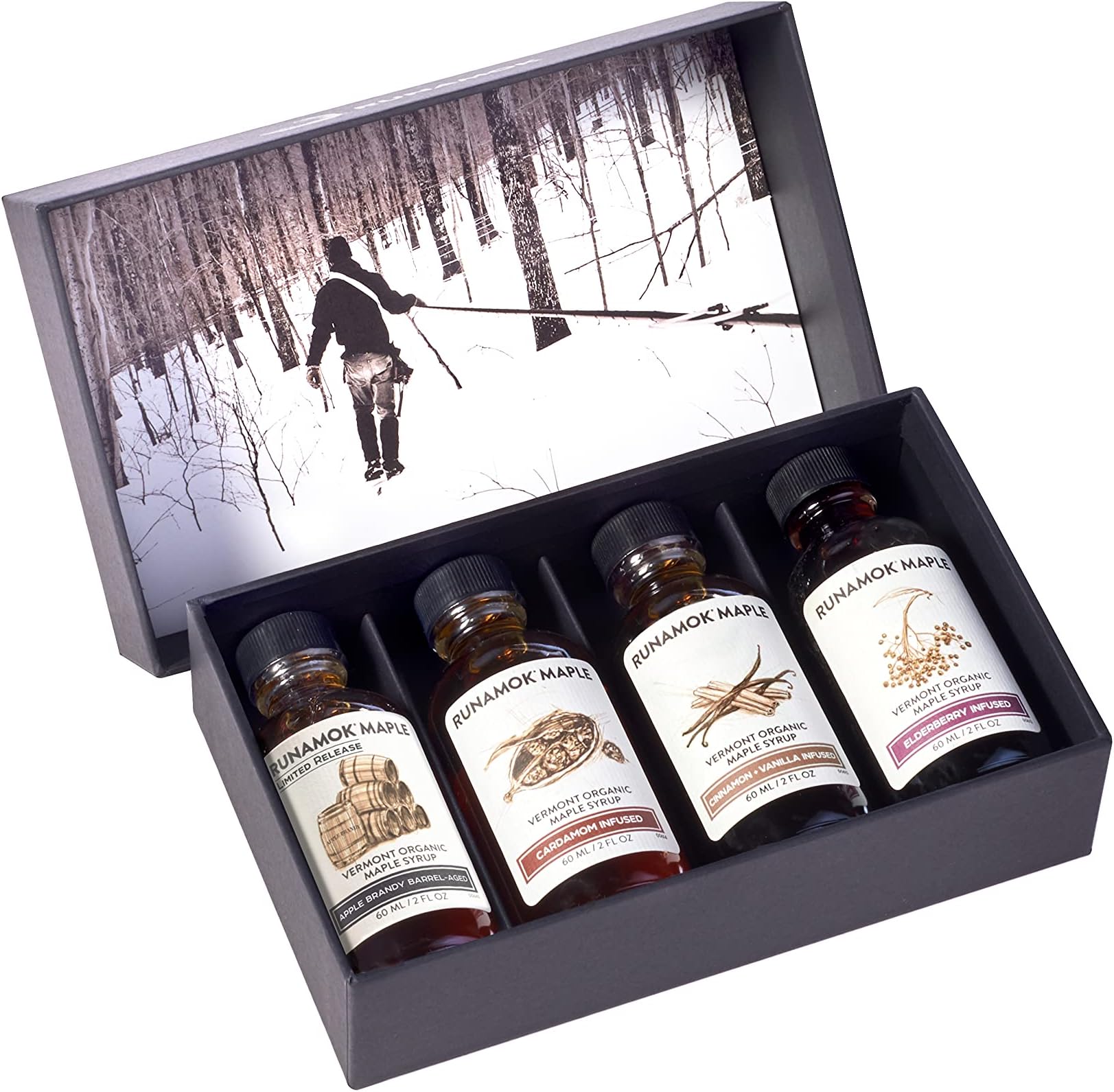Runamok Maple Syrup Gift Box | Vermonter’s Gift Box | Special Present For Holidays | Whiskey Barrel-Aged, Cinnamon+Vanilla, Cardamom & Elderberry | 4 Samplers of Real Maple Syrup | 2 Fl Oz (60mL)