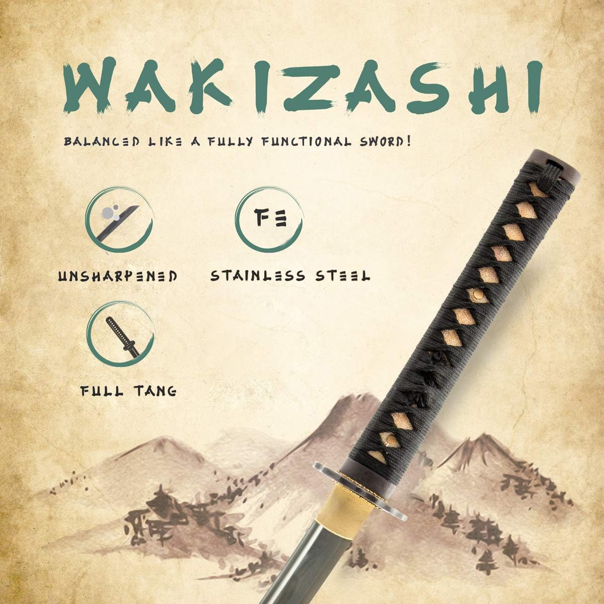 HMS Unsharpened Iaido Iaito Wakizashi Training Sword, Handmade, Stainless Steel, Full Tang, Brass Fittings, Empire Wheel Tsuba, Black Scabbard