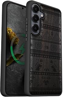 Carveit Magnetic Wooden Case for Samsung Galaxy S25 Case 2025, TPU Shockproof Cover & Wood Artisan Engraved, Compatible with MagSafe Wireless Chargers (The Symbols of Egypt) Blackwood