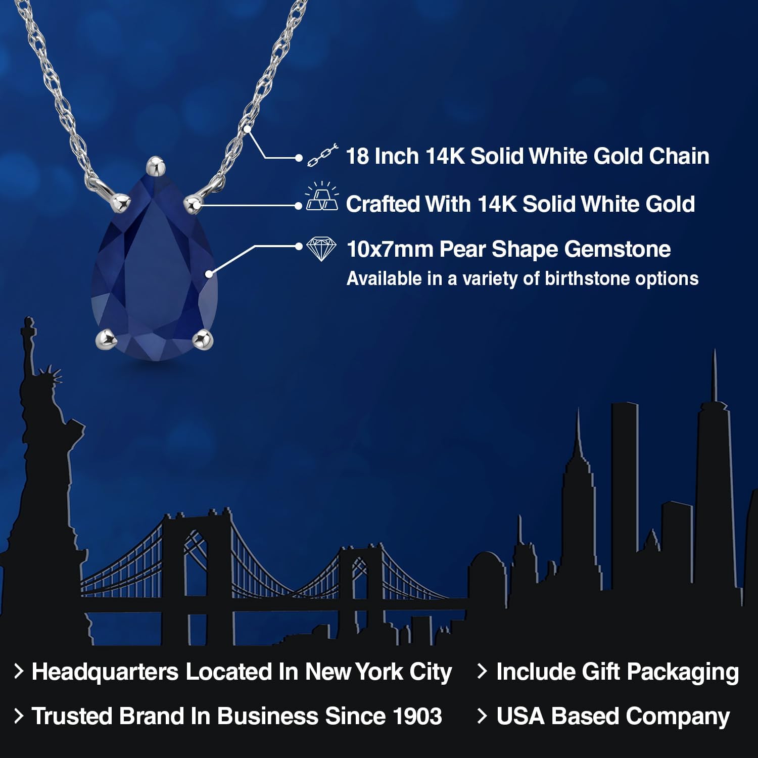 Gem Stone King 14K White Gold Blue Sapphire Pendant Necklace for Women | 2.16 Cttw | Gemstone September Birthstone | Pear Shape 10X7MM | With 18 Inch Chain - Image 2