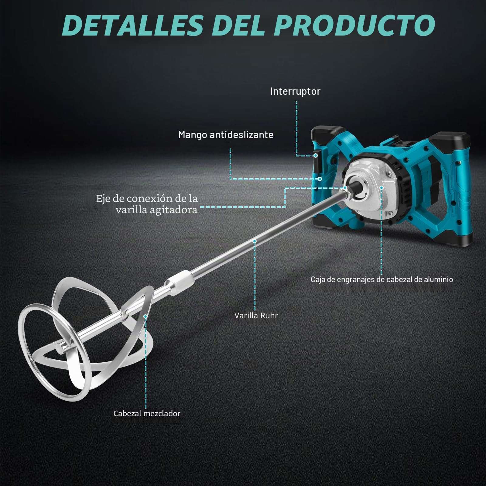 Mezclador de Cemento compatible con Makita batería 18V, 3200W mezclador de mortero de pintura, 6 Velocidades de Ajuste Hormigonera, para cemento, polvo de masilla, pintura (sin batería)