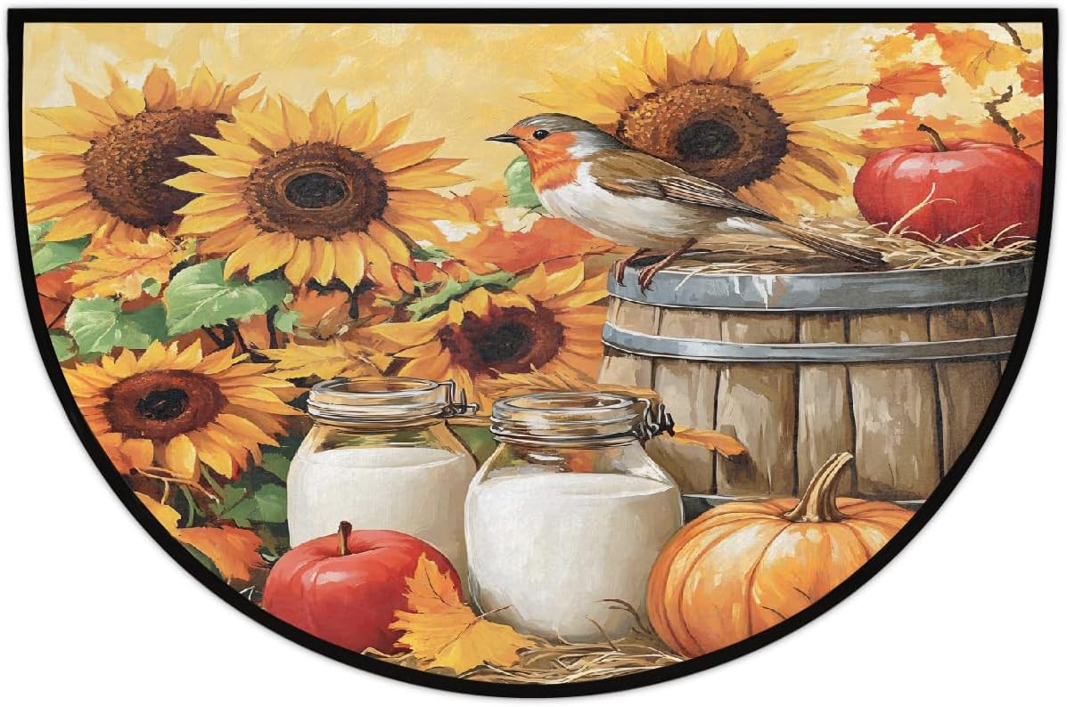 Half Round Door Mat Sunflower Fall Pumpkin Non Slip Absorbent Semi Circle Area Rugs Washable Half Moon Floor Mats for Indoor Outdoor Patio Kitchen Bathroom Entryway Fireplace Home Carpet Decor