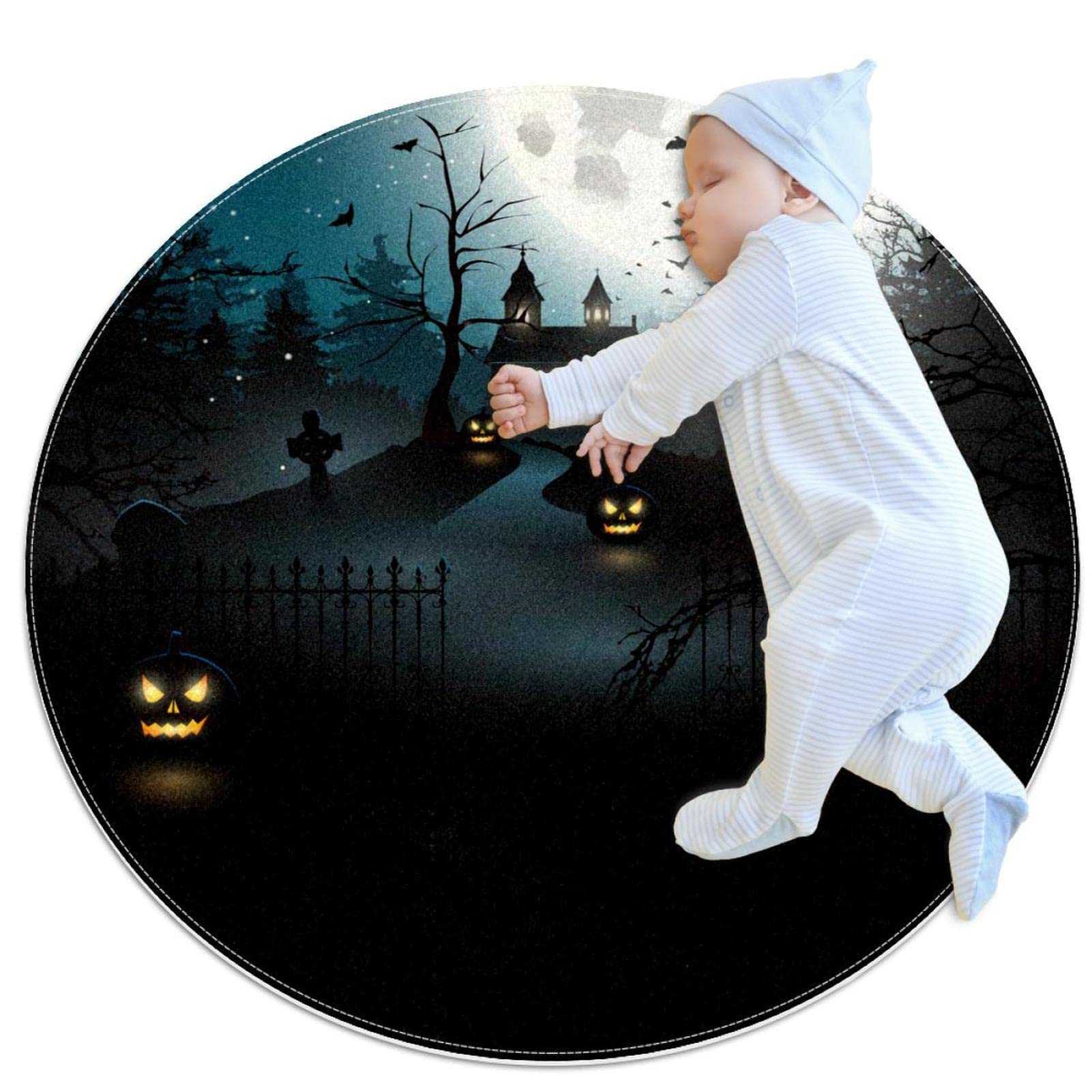Tapis de jeu pour enfants Joyeux Halloween tapis rond 80x80cm paysage de nuit animaux garçons filles