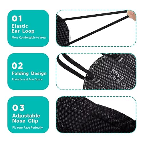 Miniatura 5 de KN95 Máscaras faciales Negro máscaras de seguridad con 5 capas para polvo con filtro de eficiencia 95 transpirable bucles elásticos para el oído 100