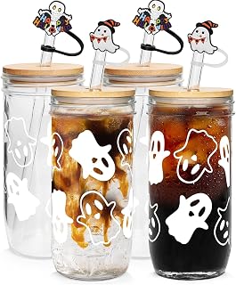 Anotion Ghost Decor 24oz Mason Jar Glass Cups with Lids and Straws - Halloween Tumblers and Coffee Cups - Indoor Decorations