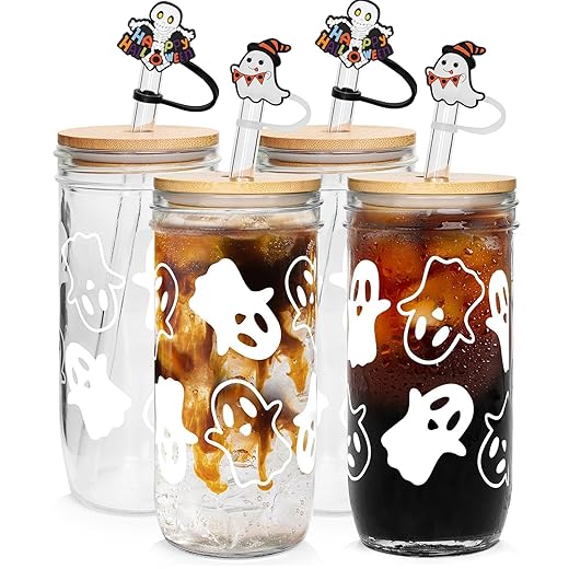 Halloween Cups, Ghost Decor 24oz Halloween Mug Mason Jar Glass Cups with Lids and Straws Ghost Tumblers Coffee Cups Cookie Jar Glasses Halloween Glassware Drinking Glasses Halloween Decorations Indoor