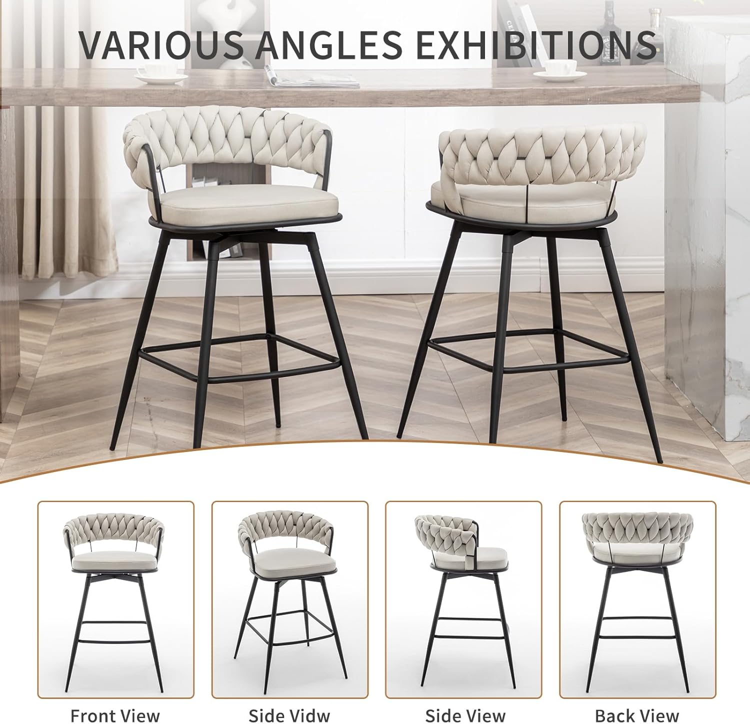 Canxkun Counter Height Bar Stools Set of 2, 26 inch Modern Bar Chairs with Woven Back, 360° Swivel Bar Stools for Kitchen Island, Cafe, Bar Counter (Beige)