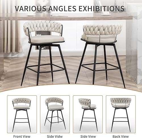 Miniatura 6 de Juego de 4 taburetes de bar de altura de mostrador, sillas de bar modernas de 26 pulgadas con respaldo tejido, taburetes de bar giratorios de 360