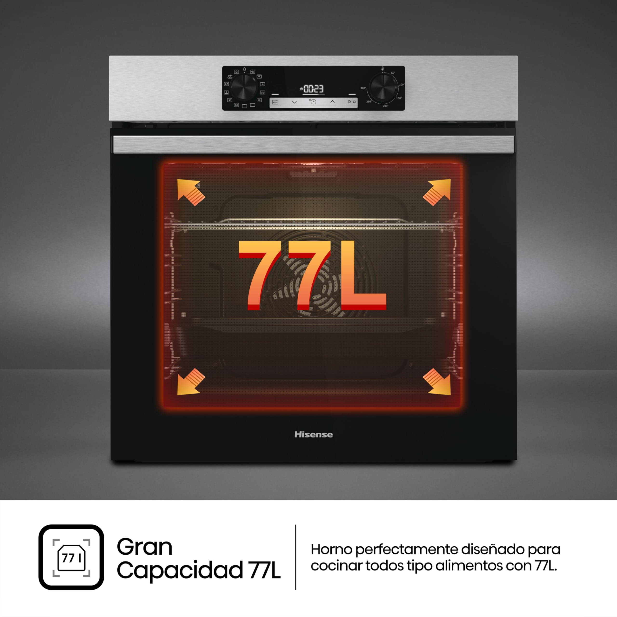 Hisense BI64213E15PX-Horno Multifunción, Horno electrico empotrable, 77L, Auto-limpieza Pirolítica, Modo cocción vapor, Guía telescópica pirolizable, Modo cocción Air fry, Pizza, Calentamiento rápido