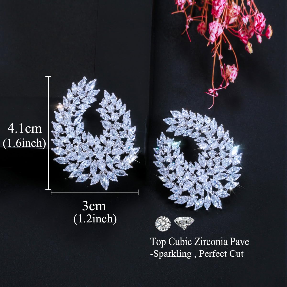 Luxury Cubic Zirconia Dangle Drop Big Earrings, Silver Plated, Clear Crystal Leaf Design, Wedding Bridal Party Statement Jewelry - Image 5