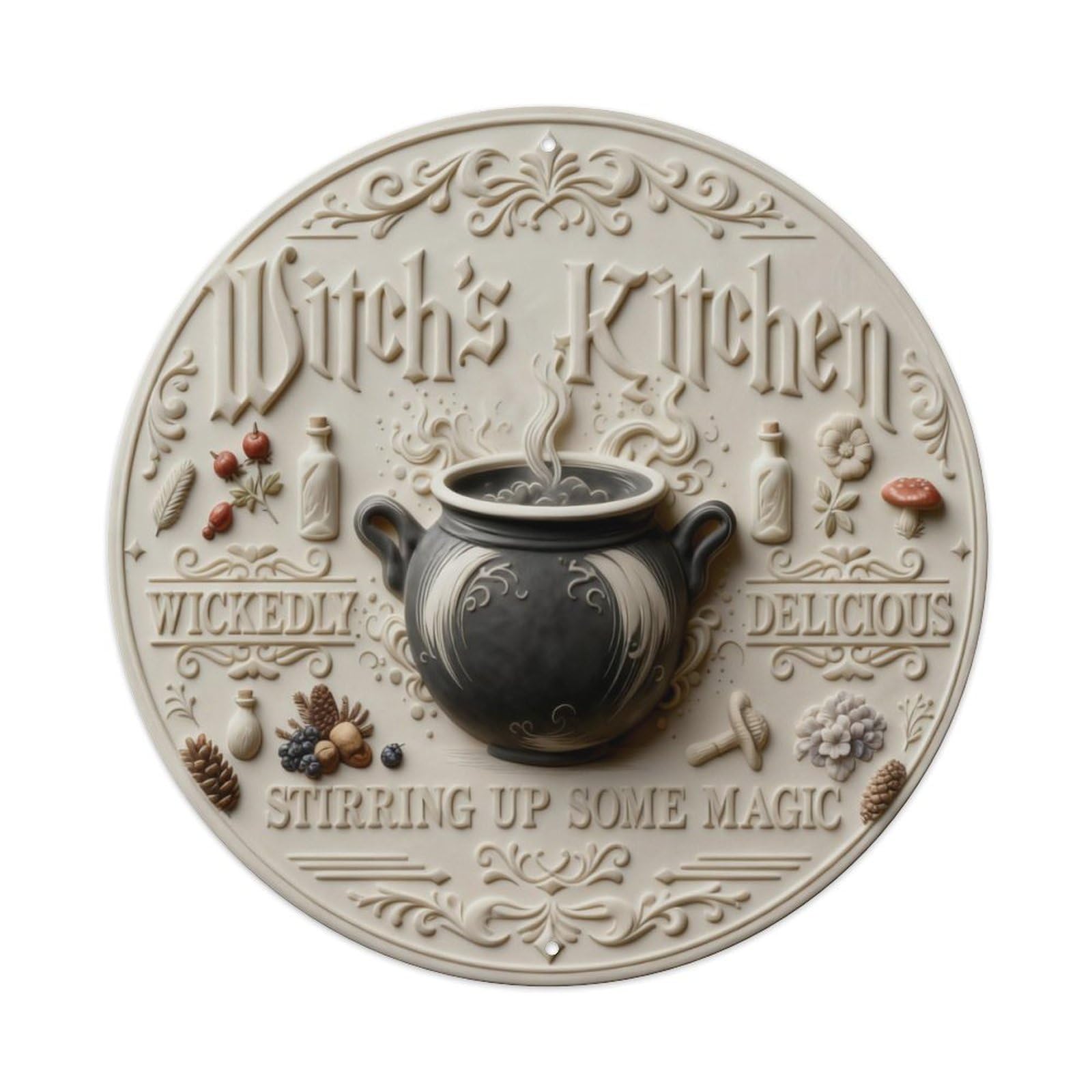 Zlatcbu Vintage Witch's Kitchen Pot With Herbs And Mushrooms Metal Tin Sign Retro Wall Art Poster, Decor For Home Living Room Bar Cafe Garage, 8X8 Inch