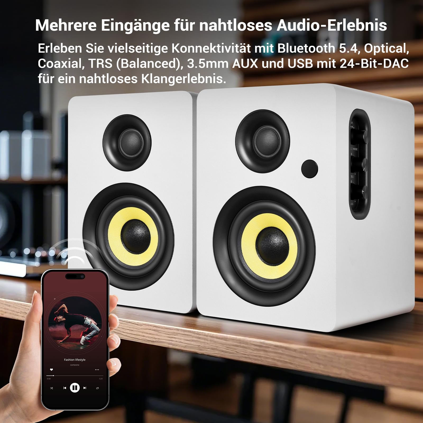 Sanyun SW206 80W Aktive Regallautsprecher 2.0 4“, Creator-/Musikmodus | Kohlefaser 10cm + Seidenkalotte 25mm, 24-Bit-DAC, TRS 6,35mm symmetrisch, Optisch/Koaxial/AUX/USB/BT, MDF (Paar, Weiß)